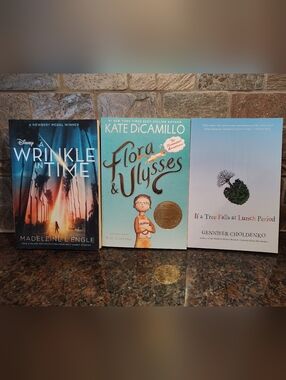 Bundle Of Books: Flora & Ulysses, Wrinkle In Time, If A Tree Falls At Lunch Per.